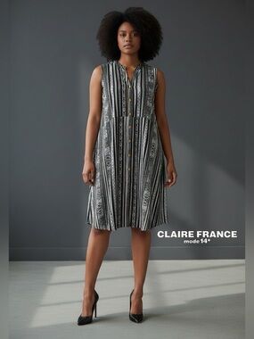 Claire France, Plus Size 16W, Sleeveless Dress Black White Red Navy Tribal